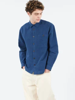 Fashion - Garment Dyed Stripe Workwear Shirt in Engineer Blue Button-Ups