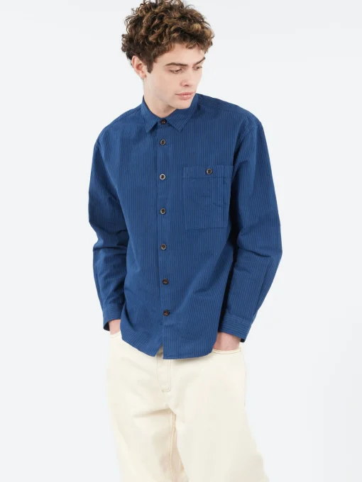 Fashion - Garment Dyed Stripe Workwear Shirt in Engineer Blue Button-Ups