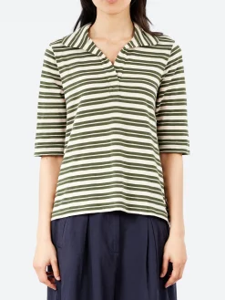 Fashion - Round Collar Tee in Dark Olive and Ecru Women Tops & Blouses