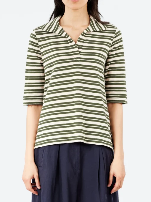 Fashion - Round Collar Tee in Dark Olive and Ecru Women Tops & Blouses