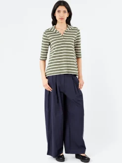 Fashion - Round Collar Tee in Dark Olive and Ecru Women Tops & Blouses