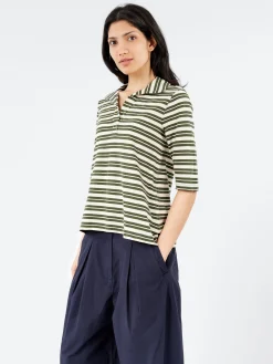 Fashion - Round Collar Tee in Dark Olive and Ecru Women Tops & Blouses