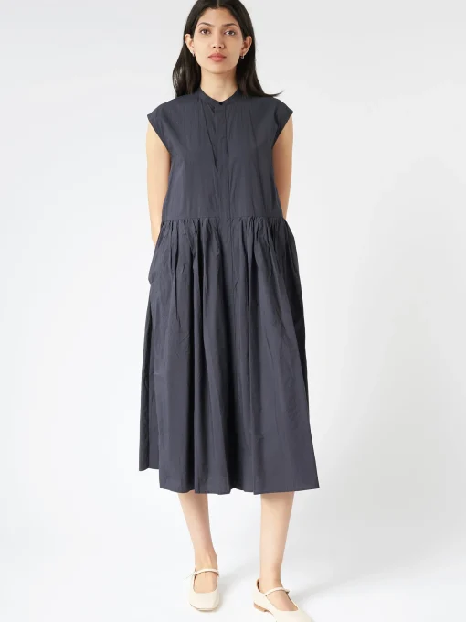 Clearance - Pleated Shirt Dress in Black Navy Women Dresses
