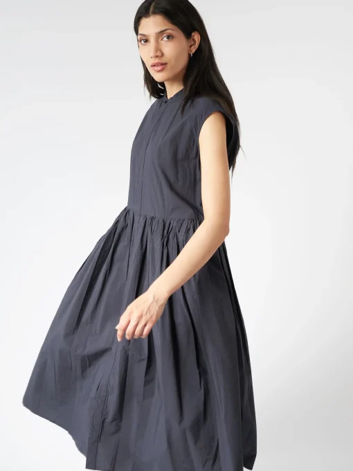 Clearance - Pleated Shirt Dress in Black Navy Women Dresses