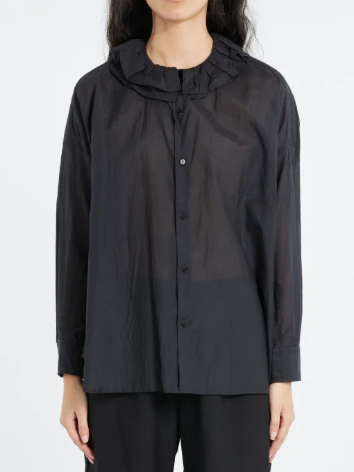 New - Ruffle Collar Baggy Shirt in Black Navy Women Tops & Blouses | Button-Ups