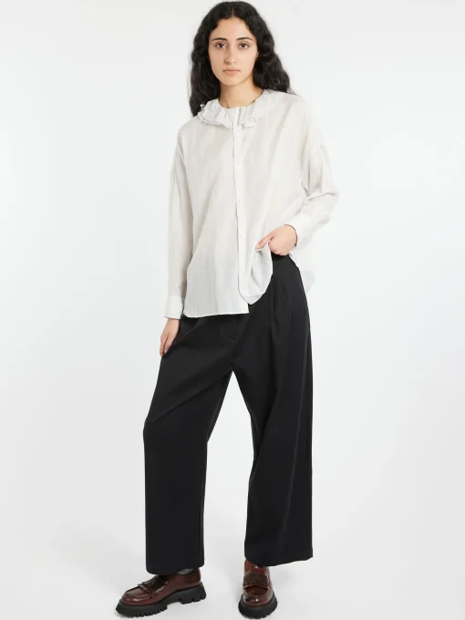 Discount - Ruffle Collar Baggy Shirt in Smoke White Women Tops & Blouses | Button-Ups