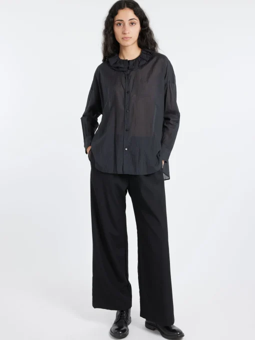 New - Ruffle Collar Baggy Shirt in Black Navy Women Tops & Blouses | Button-Ups