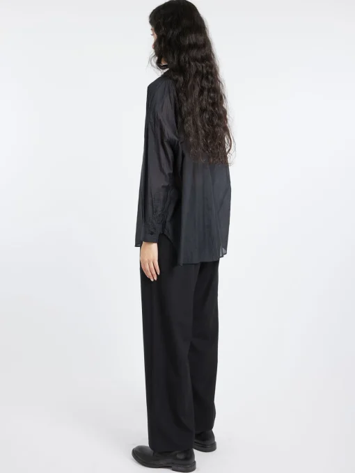 New - Ruffle Collar Baggy Shirt in Black Navy Women Tops & Blouses | Button-Ups