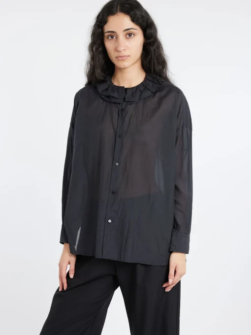 New - Ruffle Collar Baggy Shirt in Black Navy Women Tops & Blouses | Button-Ups