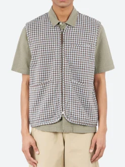 Clearance - Zip Gilet in Brown and Sky Gingham Outerwear