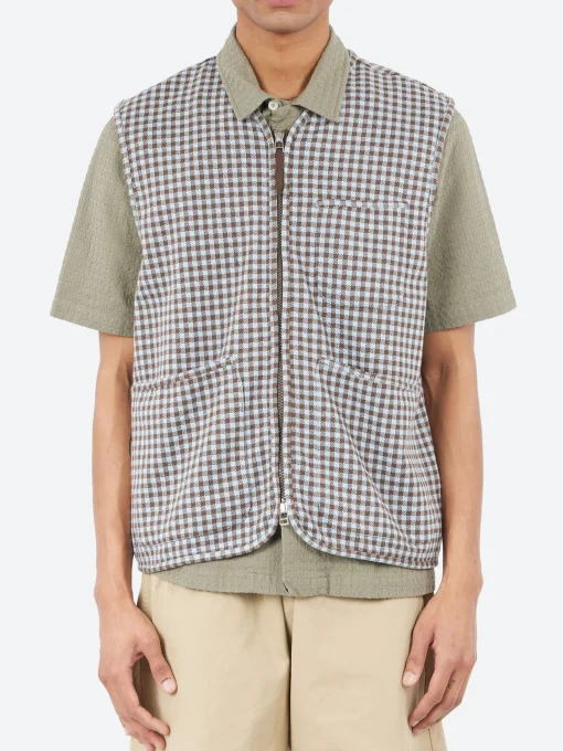 Clearance - Zip Gilet in Brown and Sky Gingham Outerwear