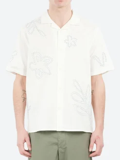 Clearance - Didcot Floral Embroidered Short Sleeve Shirt in Ecru and Pale Blue Button-Ups