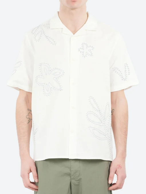 Clearance - Didcot Floral Embroidered Short Sleeve Shirt in Ecru and Pale Blue Button-Ups