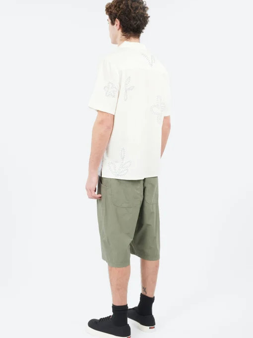 Clearance - Didcot Floral Embroidered Short Sleeve Shirt in Ecru and Pale Blue Button-Ups