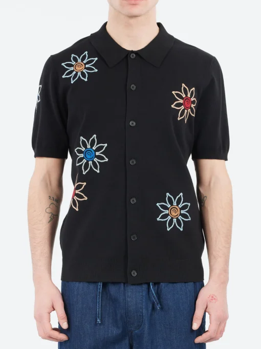 New - Tellaro Embroidered Knitted Cotton Polo in Black Polos