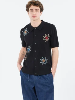 New - Tellaro Embroidered Knitted Cotton Polo in Black Polos