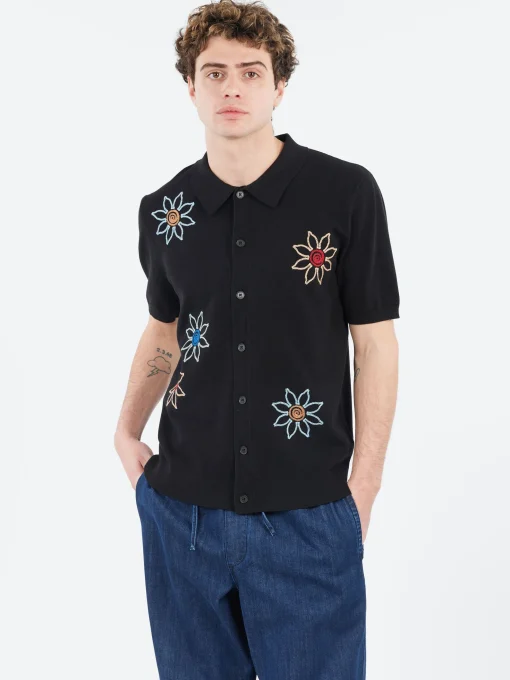 New - Tellaro Embroidered Knitted Cotton Polo in Black Polos
