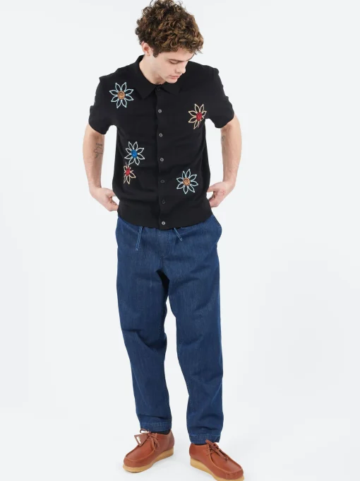 New - Tellaro Embroidered Knitted Cotton Polo in Black Polos