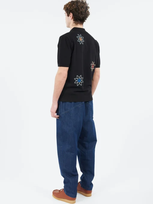 New - Tellaro Embroidered Knitted Cotton Polo in Black Polos